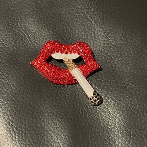 Red Crystal Lips Brooch with White Enamel Cigarette
